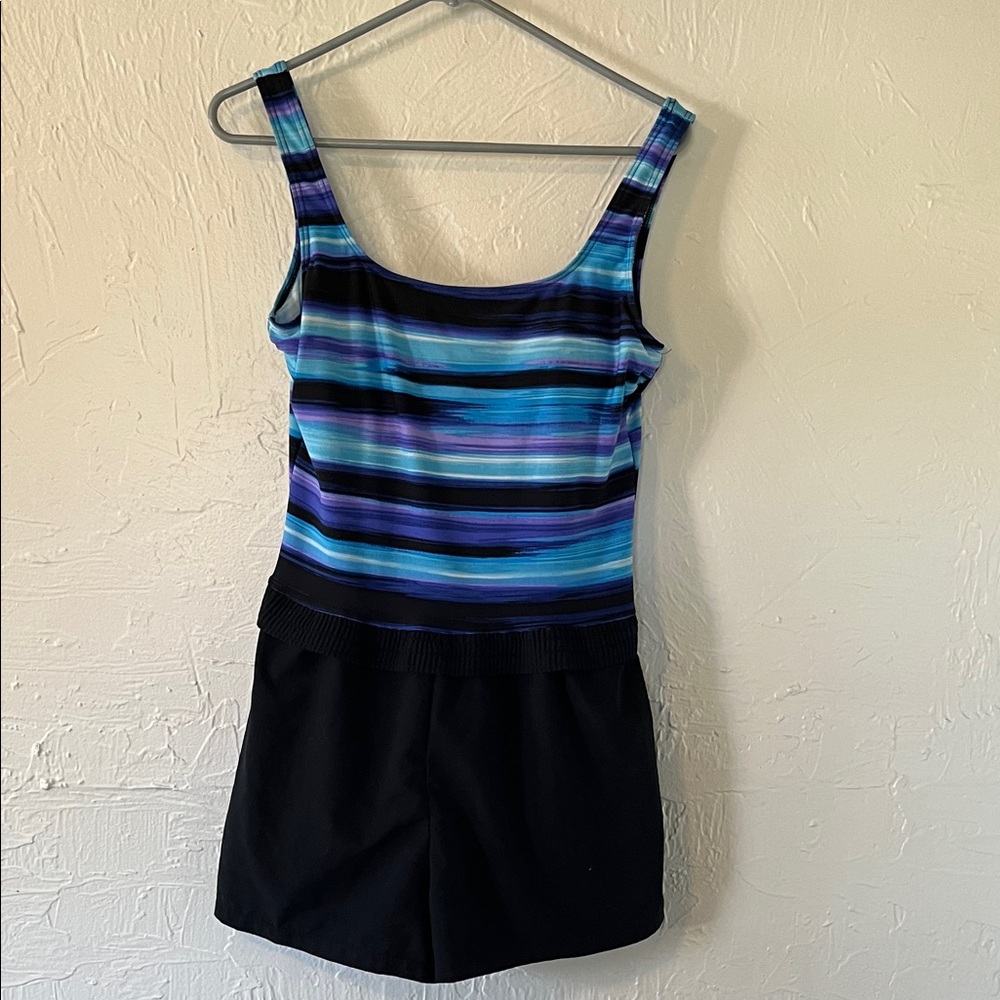 Blue & Black Striped One-Piece Swim romper
